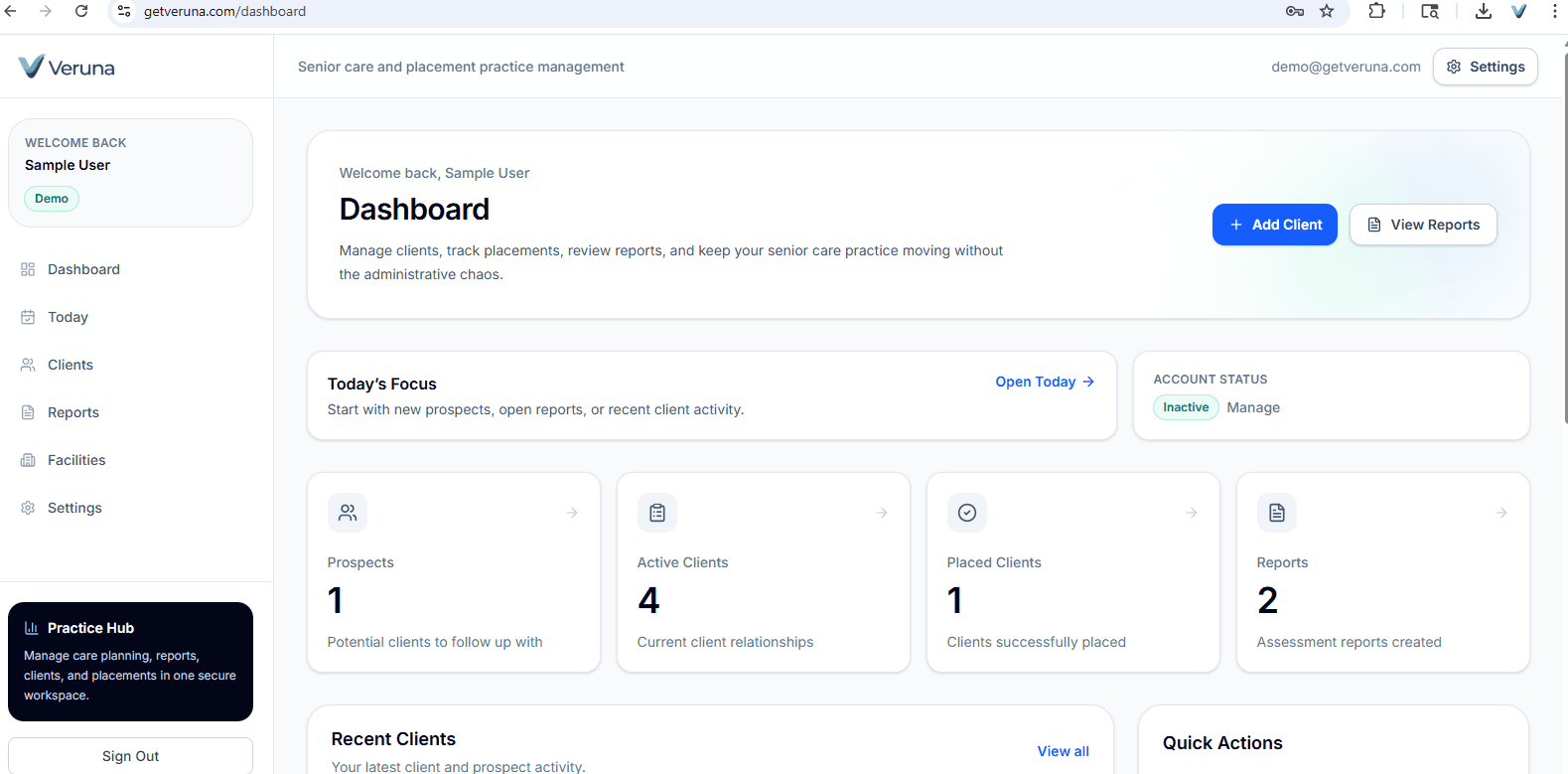 The Veruna dashboard showing an organized view of clients, assessments, reports, and follow-ups